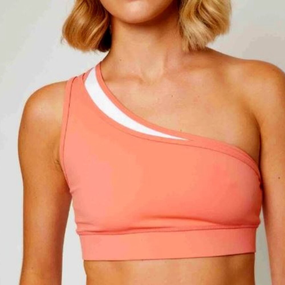 Fourlaps Med NWT Sports Bra Nylon Peachy Orange and White One Shoulder Design
